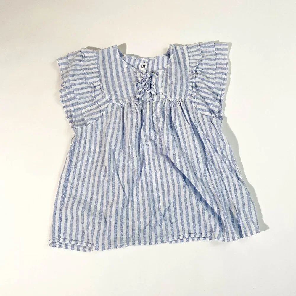 Gap blue pinstripe flutter sleeve tie front blouse